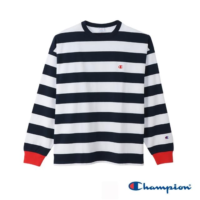 【Champion】官方直營-刺繡LOGO條紋T恤-男(深藍色)