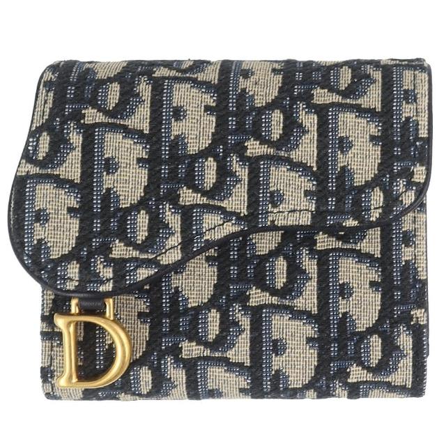 【Dior 迪奧】SADDLE 緹花帆布押扣三折短夾(藍色/4卡)