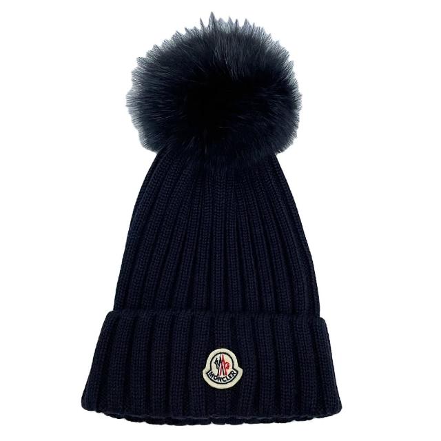 【MONCLER】品牌LOGO 羊毛毛球毛帽-深藍色(ONE SIZE)