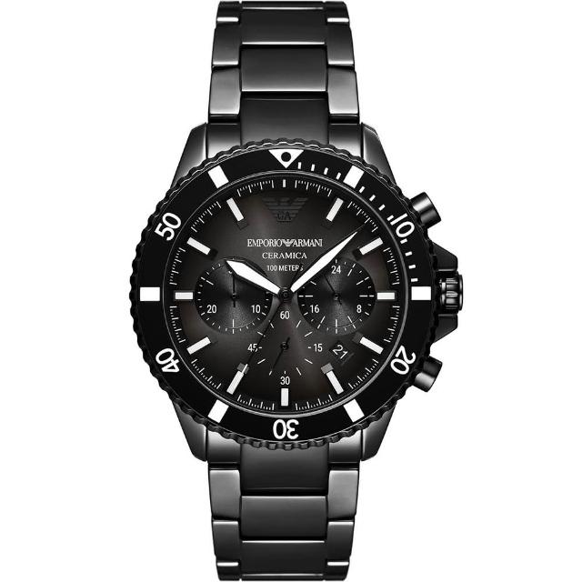 【EMPORIO ARMANI】亞曼尼 Diver 陶瓷三眼計時手錶-43mm 畢業禮物(AR70010)