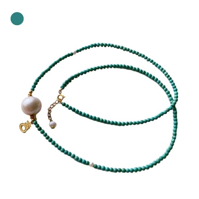 【KT DADA】波希米亞 珍珠鎖骨鏈 女生飾品 送女友 珍珠項鍊 細項鍊 天然綠松石 短項鍊 鎖骨鍊 串珠項鍊