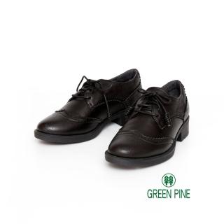 【GREEN PINE】蠟感羊皮綁帶牛津雕花低跟鞋黑色(00863621)