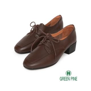 【GREEN PINE】方頭舒壓綁帶小牛皮粗跟鞋咖啡色(00325581)