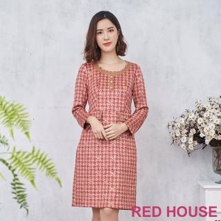 【RED HOUSE 蕾赫斯】配色千鳥格磨毛洋裝(紅色)