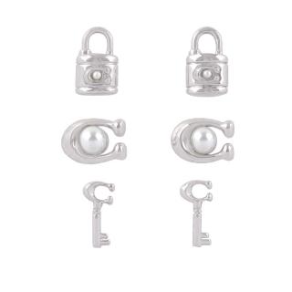 【COACH】玻璃珍珠C Logo/鎖頭/鑰匙造型耳環禮盒組(銀色)