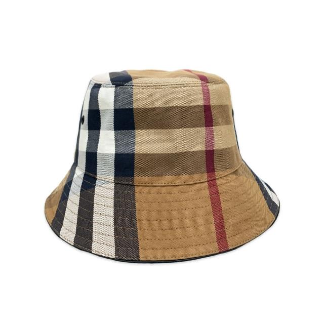 【BURBERRY 巴寶莉】經典格紋羊皮飾邊帆布漁夫帽 棕色(男款/女款)