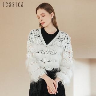 【JESSICA】甜美減齡鏤空刺繡拼接毛毛V領外套J35401