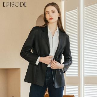 【EPISODE】帥氣西裝式翻領綁帶中長版皮衣外套E35010