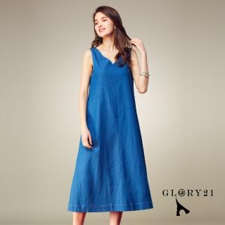 【GLORY21】速達-網路獨賣款-V領長版牛仔洋裝(藍色)