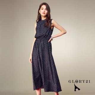 【GLORY21】速達-網路獨賣款-無袖立領點點長洋裝(黑色)