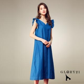 【GLORY21】速達-網路獨賣款-V領立體荷葉袖長版洋裝(藍色)