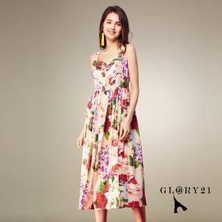 【GLORY21】速達-網路獨賣款-花卉肩帶長洋裝(淺黃色)