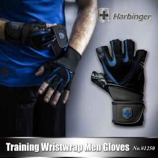 【HARBINGER】重訓/健身用專業護腕手套#1250-男款 黑藍色(Training Wristwrap Men Gloves)