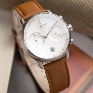 【Nordgreen】ND手錶 Pioneer 先鋒 42mm 月光銀殼×白面 復古棕純素皮革錶帶(PI42SIVEBRXX)