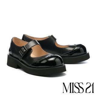 【MISS 21】微酸率性少女沖孔異材質拼接瑪莉珍大頭厚底鞋(黑)