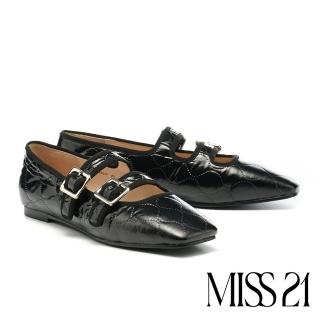 【MISS 21】澎澎壓紋布瑪莉珍雙條帶方頭平底鞋(黑)