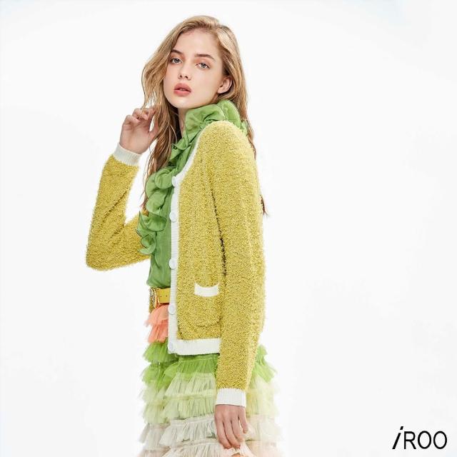 【iROO】米粉紗配色開襟針織外套