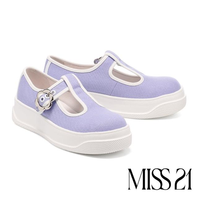 【MISS 21】精緻小花撞色T字帶瑪莉珍大頭厚底休閒鞋(紫)