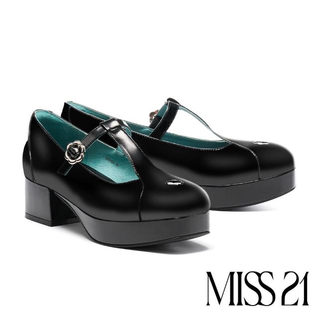 【MISS 21】精緻系敏感挖空小花T字帶方頭瑪莉珍高跟鞋(黑)