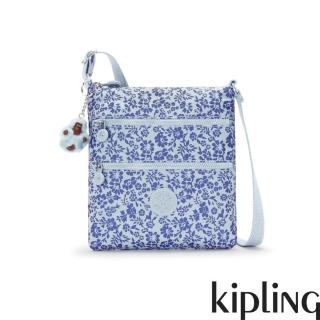 【KIPLING官方旗艦館】淡藍花卉印花前袋雙拉鍊方型側背包-KEIKO