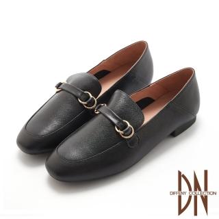 【DN】樂福鞋_舒適真皮雙環金屬飾扣平底包鞋(黑)