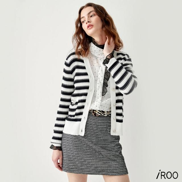 【iROO】黑白配條開襟針織外套