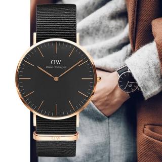 【Daniel Wellington】Classic Cornwall系列 中性玫瑰金尼龍帶腕錶-黑面/36mm(DW00100150)
