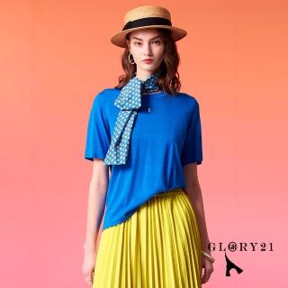 【GLORY21】速達-網路獨賣款-優雅R字短袖圓領針織上衣(寶藍)