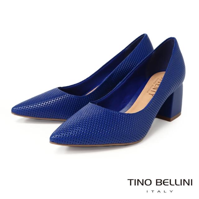 【TINO BELLINI 貝里尼】巴西進口沖孔尖頭方跟鞋FWDV027-4(寶藍)