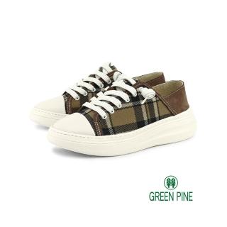 【GREEN PINE】拼接格紋免綁帶圓頭休閒鞋咖色(00142093)