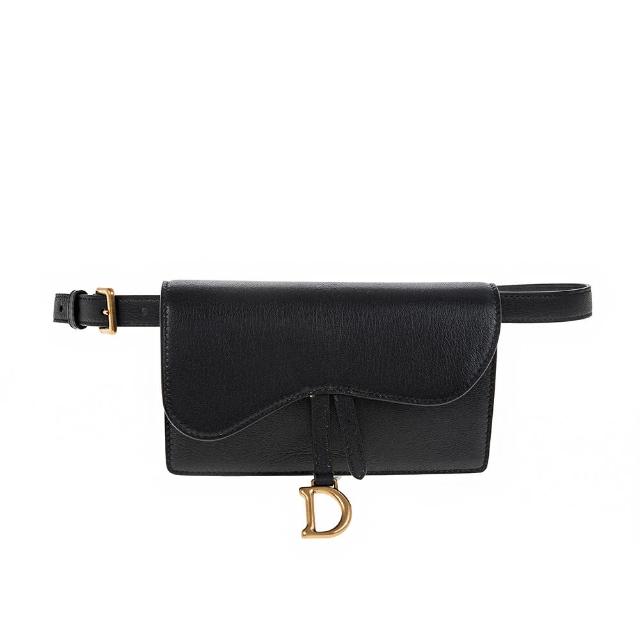 【Dior 迪奧】新款羊皮SADDLE D釦翻蓋釦式迷你胸背/腰包(黑色)