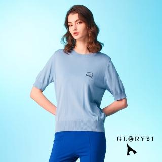 【GLORY21】速達-網路獨賣款-可愛大象圖騰短袖針織上衣(淺藍)