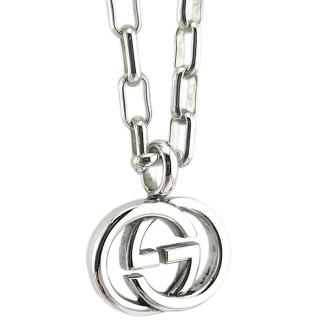 【GUCCI 古馳】925純銀-雙G Logo墜飾環狀鍊帶項鍊(展示品)