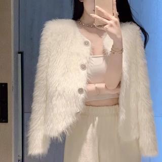 【BBHONEY】名媛高質感珍珠釦水貂絨毛短版西裝外套(氣質外套)