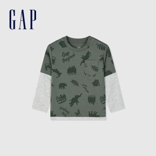 【GAP】男幼童裝 Logo印花圓領長袖T恤-軍綠色(890266)