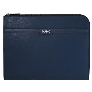 【Michael Kors】簡約金屬MK LOGO水波紋皮革萬用包筆電包(深藍 大款)