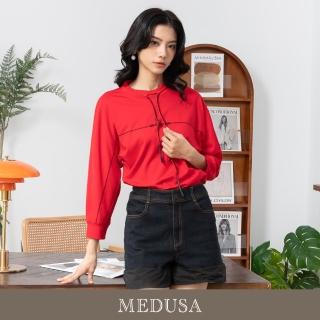 【MEDUSA 曼度莎】現貨-抽繩小立領 紅黑長袖T恤（M-XL）｜女上衣 休閒上衣 冬新品(205-23401)