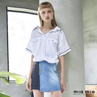 【mia mia】寬領條紋五分袖襯衫