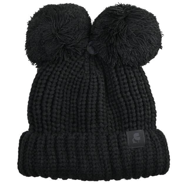 【KARL LAGERFELD 卡爾】老佛爺 簡約LOGO雙毛球造型保暖針織毛帽(黑)