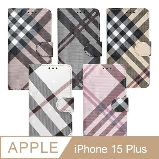 【Aguchi 亞古奇】Apple iPhone 15 Plus 6.7吋 精品版 英倫格紋經典手機皮套 側掀磁扣支架式皮套