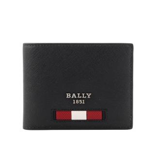 【BALLY】Bevye 再生牛皮紅白條紋對開6卡短夾(黑色)