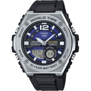 【CASIO 卡西歐】超個性十年電力不鏽鋼錶圈造型雙顯錶-黑X藍面(MWQ-100-2A)