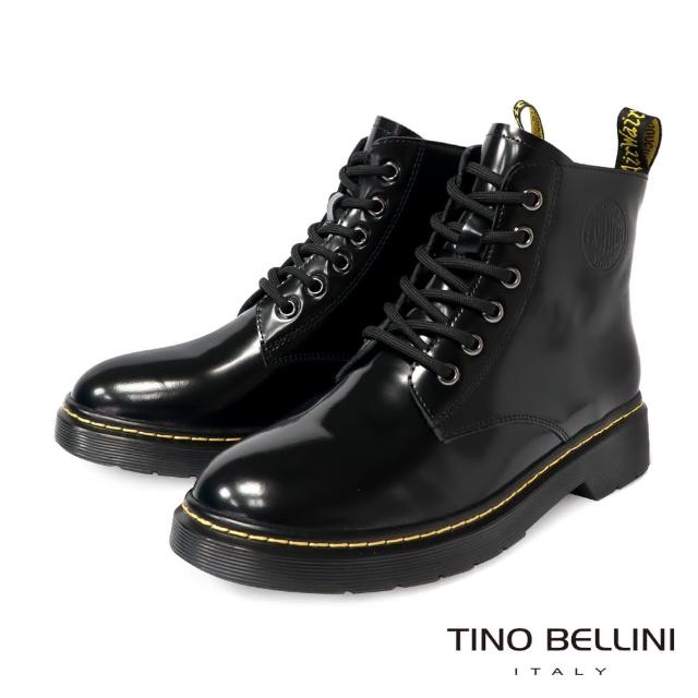 【TINO BELLINI 貝里尼】時尚潮流亮面馬汀綁帶短靴FWMO011A(黑色)