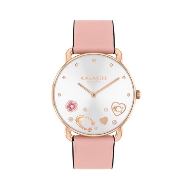 【COACH】官方授權C2 時尚玫瑰金圓形 造型白面粉紅皮帶女錶-36mm-贈高級9入首飾盒(CO14504295)