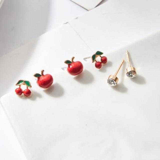 【Museo】紅蘋果防敏鋼針多件組耳環3對1組(組合 小耳環 貼耳 水果)