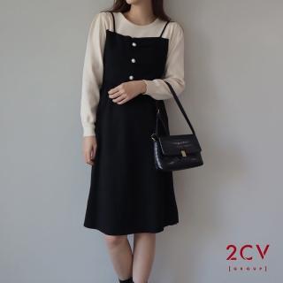 【2CV】現貨 冬新品 珍珠扣假兩件連身洋裝GF041