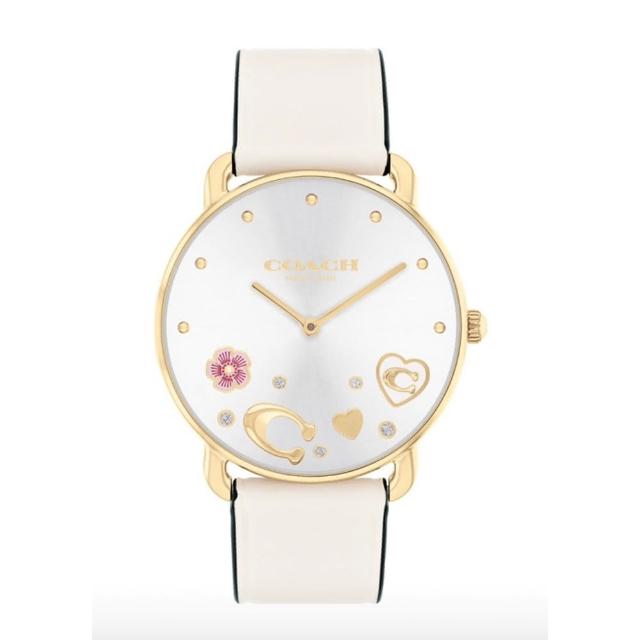 【COACH】官方授權C2 金色圓形 造型白面白色皮帶女錶-36mm-贈高級9入首飾盒(CO14504294)