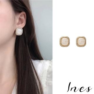 【INES】韓國設計法式復古貝殼碎片方形寶石夾式耳環(無耳洞耳環 耳夾 夾式耳環)