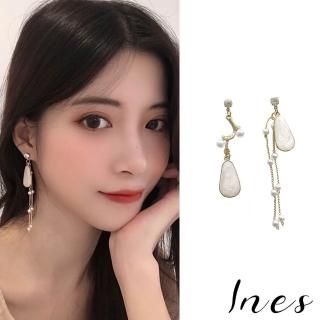 【INES】韓國設計名媛風復古滴釉不對稱珍珠長夾式耳環(無耳洞耳環 耳夾 夾式耳環)