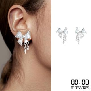 【00:00】韓國設計閃耀寶石蝴蝶結個性流蘇造型夾式耳環(無耳洞耳環 耳夾 夾式耳環)